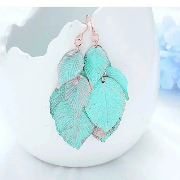 Verdigris Patina Leaves Handmade Dangle Earrings - Picture 1 of 5